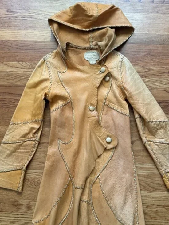 Vintage Pieles Pitic 70’s whipstitch leather raw edge festival hippie coat - Picture 8 of 13